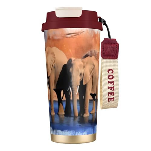 Thermobecher mit Elefanten-Kunstdruck, 500 ml, mit auslaufsicherem Deckel und Strohhalm, isolierter Kaffeebecher, doppelwandig, Vakuum-Edelstahl-Thermobecher für heiße und kalte Getränke Thermobecher mit Elefanten-Kunstdruck, 500 ml, mit auslaufsicherem Deckel und Strohhalm, isolierter Kaffeebecher, doppelwandig, Vakuum-Edelstahl-Thermobecher für heiße und kalte Getränke von KHDKLXOHZ