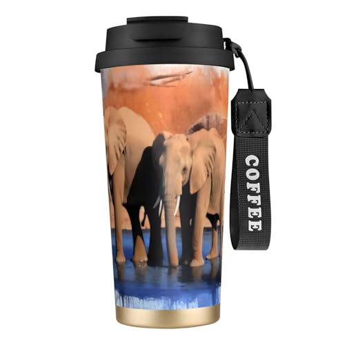Thermobecher mit Elefanten-Kunstdruck, 500 ml, mit auslaufsicherem Deckel und Strohhalm, isolierter Kaffeebecher, doppelwandig, Vakuum-Edelstahl-Thermobecher für heiße und kalte Getränke Thermobecher mit Elefanten-Kunstdruck, 500 ml, mit auslaufsicherem Deckel und Strohhalm, isolierter Kaffeebecher, doppelwandig, Vakuum-Edelstahl-Thermobecher für heiße und kalte Getränke von KHDKLXOHZ