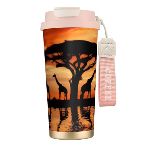 Thermobecher mit Giraffenmotiv unter dem Baum in Afrika, 500 ml, mit auslaufsicherem Deckel und Strohhalm, isolierter Kaffeebecher, doppelwandig, Vakuum-Edelstahl-Thermobecher für heiße und kalte von KHDKLXOHZ