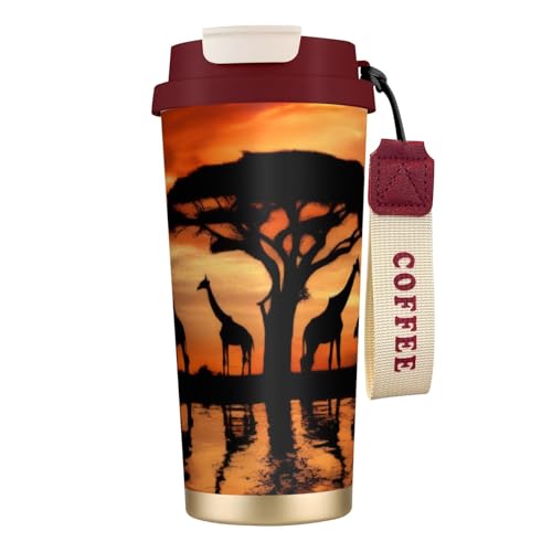 Thermobecher mit Giraffenmotiv unter dem Baum in Afrika, 500 ml, mit auslaufsicherem Deckel und Strohhalm, isolierter Kaffeebecher, doppelwandig, Vakuum-Edelstahl-Thermobecher für heiße und kalte von KHDKLXOHZ