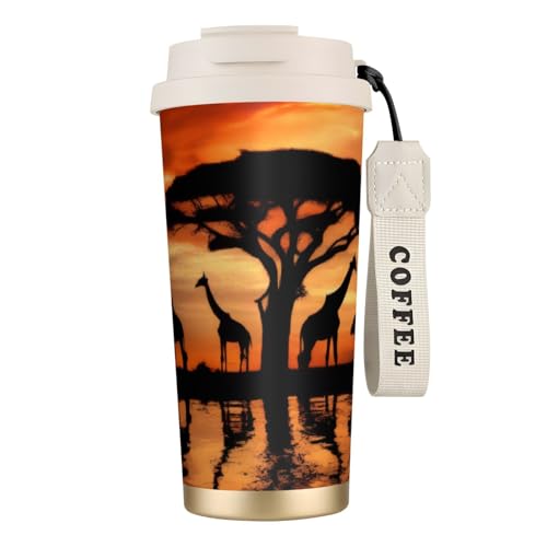Thermobecher mit Giraffenmotiv unter dem Baum in Afrika, 500 ml, mit auslaufsicherem Deckel und Strohhalm, isolierter Kaffeebecher, doppelwandig, Vakuum-Edelstahl-Thermobecher für heiße und kalte von KHDKLXOHZ