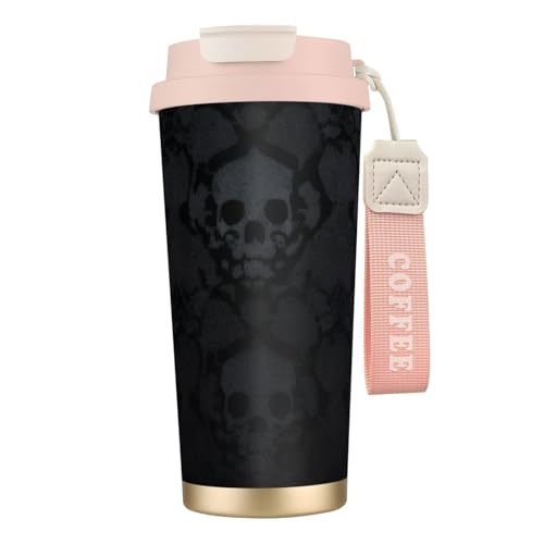 Thermobecher mit Gothic-Tapeten-Motiv, 500 ml, mit auslaufsicherem Deckel und Strohhalm, isolierter Kaffeebecher, doppelwandiger Vakuum-Edelstahl-Thermobecher für heiße und kalte Getränke von KHDKLXOHZ
