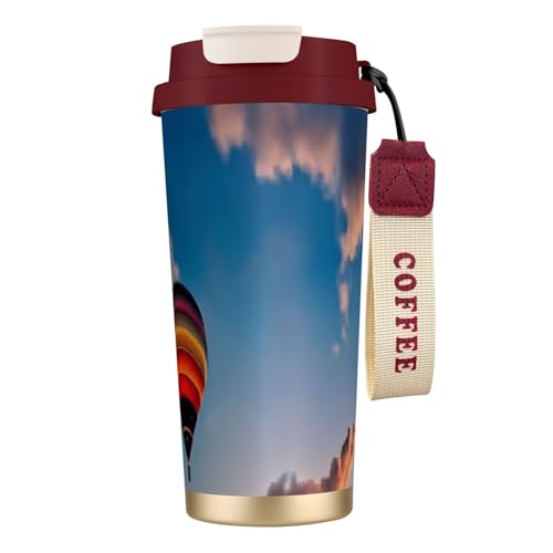 Thermobecher mit Heißluftballon-Motiv und Sonnenuntergang-Druck, 500 ml, mit auslaufsicherem Deckel und Strohhalm, isolierter Kaffeebecher, doppelwandiger Vakuum-Edelstahl-Thermobecher für heiße und Thermobecher mit Heißluftballon-Motiv und Sonnenuntergang-Druck, 500 ml, mit auslaufsicherem Deckel und Strohhalm, isolierter Kaffeebecher, doppelwandiger Vakuum-Edelstahl-Thermobecher für heiße und von KHDKLXOHZ