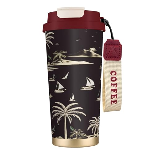 Thermobecher mit Palmenaufdruck, auslaufsicherer Deckel und Strohhalm, isolierter Kaffeebecher, doppelwandiger Vakuum-Edelstahl-Thermobecher für heiße und kalte Getränke, 500 ml Thermobecher mit Palmenaufdruck, auslaufsicherer Deckel und Strohhalm, isolierter Kaffeebecher, doppelwandiger Vakuum-Edelstahl-Thermobecher für heiße und kalte Getränke, 500 ml von KHDKLXOHZ