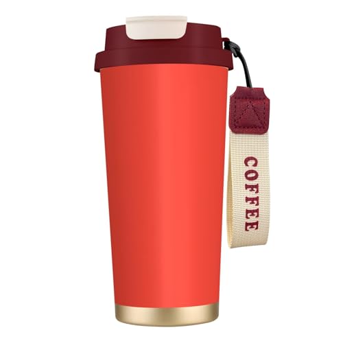 Thermobecher mit auslaufsicherem Deckel und Strohhalm, isolierter Kaffeebecher, doppelwandiger Vakuum-Edelstahl-Thermobecher für heiße und kalte Getränke, Korallenrot bedruckt, 500 ml von KHDKLXOHZ