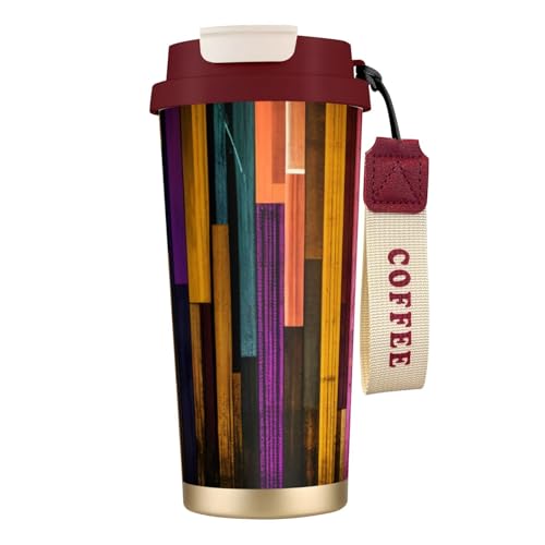 Thermobecher mit buntem Holzdruck, 500 ml, mit auslaufsicherem Deckel und Strohhalm, isolierter Kaffeebecher, doppelwandig, Vakuum-Edelstahl-Thermobecher für heiße und kalte Getränke von KHDKLXOHZ