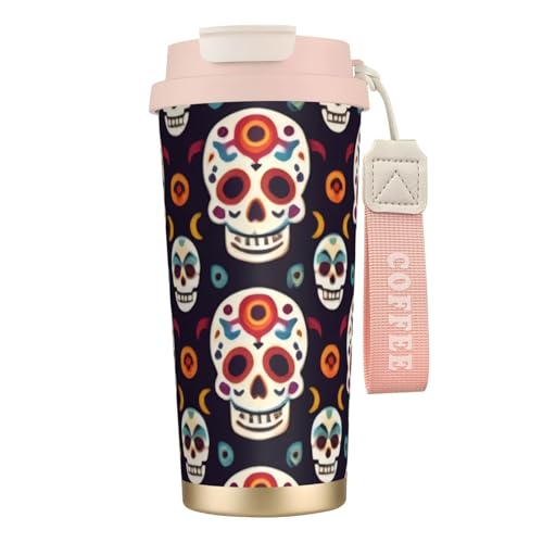 Thermobecher mit mexikanischem Totenkopf-Aufdruck, auslaufsicherer Deckel und Strohhalm, isolierter Kaffeebecher, doppelwandiger Vakuum-Edelstahl-Thermobecher für heiße und kalte Getränke, 500 ml Thermobecher mit mexikanischem Totenkopf-Aufdruck, auslaufsicherer Deckel und Strohhalm, isolierter Kaffeebecher, doppelwandiger Vakuum-Edelstahl-Thermobecher für heiße und kalte Getränke, 500 ml von KHDKLXOHZ