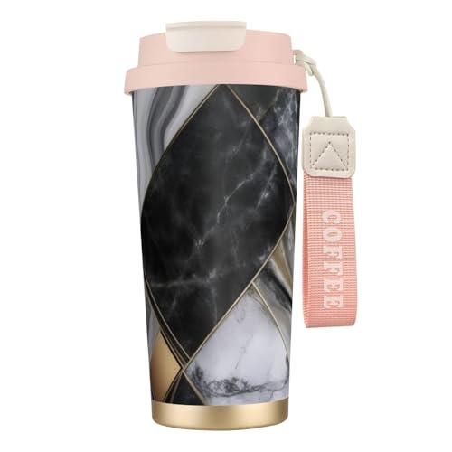 Thermobecher mit schwarzem Marmor-Textur, goldfarbener Druck, 500 ml, mit auslaufsicherem Deckel und Strohhalm, isolierter Kaffeebecher, doppelwandig, Vakuum-Edelstahl-Thermobecher für heiße und kalte Thermobecher mit schwarzem Marmor-Textur, goldfarbener Druck, 500 ml, mit auslaufsicherem Deckel und Strohhalm, isolierter Kaffeebecher, doppelwandig, Vakuum-Edelstahl-Thermobecher für heiße und kalte von KHDKLXOHZ