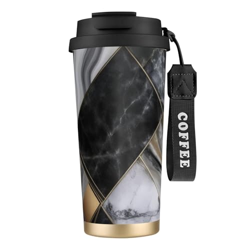 Thermobecher mit schwarzem Marmor-Textur, goldfarbener Druck, 500 ml, mit auslaufsicherem Deckel und Strohhalm, isolierter Kaffeebecher, doppelwandig, Vakuum-Edelstahl-Thermobecher für heiße und kalte Thermobecher mit schwarzem Marmor-Textur, goldfarbener Druck, 500 ml, mit auslaufsicherem Deckel und Strohhalm, isolierter Kaffeebecher, doppelwandig, Vakuum-Edelstahl-Thermobecher für heiße und kalte von KHDKLXOHZ