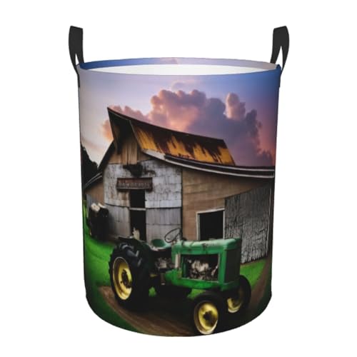 Wäschekorb mit altem Traktor, Foto, Bauernhof, wasserdicht, rund, schmutziger Wäschekorb, niedlicher Kindergartenkorb, faltbare Aufbewahrungskörbe mit Griffen für Büro, Schlafzimmer, Bad von KHDKLXOHZ