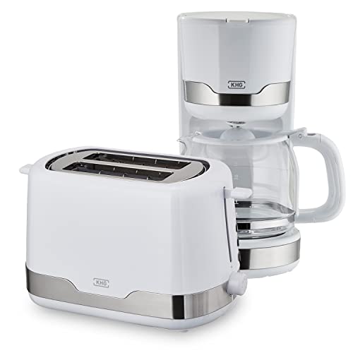 KHG 2-teiliges Set | Toaster 2 Scheiben mit Brötchenaufsatz, 7 Bräunungsstufen 850W | Kaffeemaschine 1,5 Liter Glaskanne für 12 Tassen mit Tropfstopp 1000W | Frühstücksset Weiß, BPA Frei, Klassisch von KHG