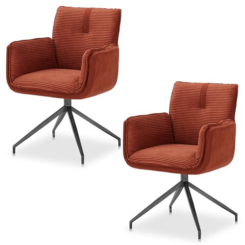 KHG 2er Set Esszimmerstühle Drehstuhl Cord Aprikose mit Armlehnen, Küchenstuhl 360 Grad drehbar mit Auto-Return Funktion, Metallgestell bis 120 kg belastbar von KHG