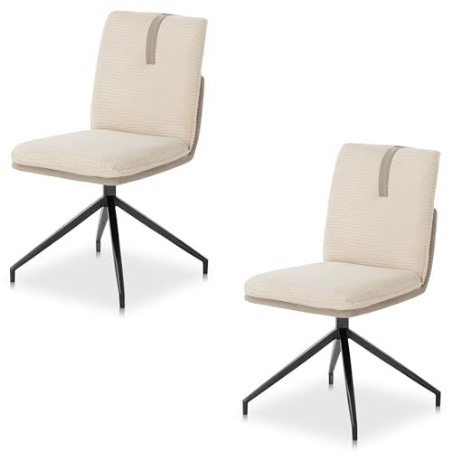 KHG 2er Set Esszimmerstühle Drehstuhl Cord Creme, Küchenstuhl 360 Grad drehbar mit Auto-Return Funktion, Metallgestell bis 120 kg belastbar von KHG