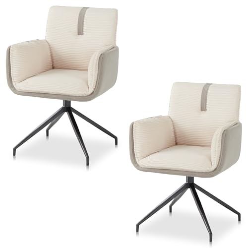 KHG 2er Set Esszimmerstühle Drehstuhl Cord Creme mit Armlehnen, Küchenstuhl 360 Grad drehbar mit Auto-Return Funktion, Metallgestell bis 120 kg belastbar von KHG
