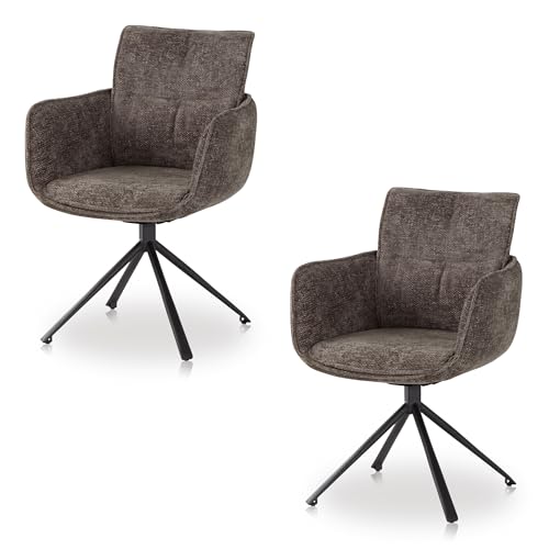 KHG 2er Set Esszimmerstühle Drehstuhl Dunkelgrau Chenillegarn, Armlehnstuhl mit Metallgestell, 180 Grad drehbar mit Auto-Return Funktion, Polsterstuhl ideal für Küche Wohnzimmer Büro von KHG