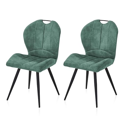 KHG 2er Set Esszimmerstühle Küchenstuhl Dunkelgrün, Mikrofaser in Wildlederoptik, Polsterstuhl mit Griff, Wohnzimmerstuhl, Design Stuhl Gestell aus Metall von KHG