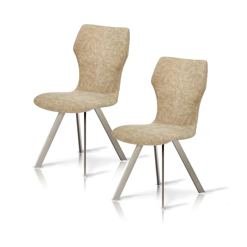 KHG 2er Set Esszimmerstühle Küchenstuhl im Vintage-Look - Kunstleder mit weißen Ziernähten, gebürstete Edelstahlbeine, belastbar bis 120 kg, Moderner Design Stuhl für Esszimmer & Küche - Beige von KHG