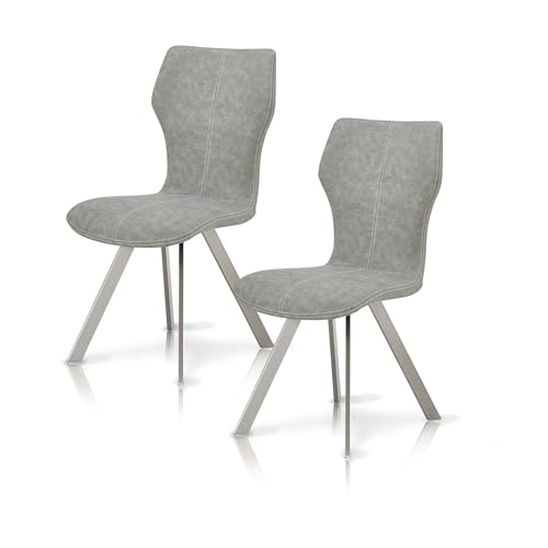 KHG 2er Set Esszimmerstühle Küchenstuhl im Vintage-Look - Kunstleder mit weißen Ziernähten, gebürstete Edelstahlbeine, belastbar bis 120 kg, Moderner Design Stuhl für Esszimmer & Küche - Grau von KHG