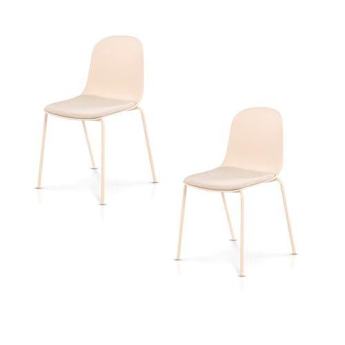 KHG 2er Set Esszimmerstühle Küchenstuhl stapelbar - Kunststoff Sitzschale mit Polsterung & Flachgewebe, Metallgestell Ton in Ton, minimalistisches Design, bis 120 kg belastbar - Creme von KHG