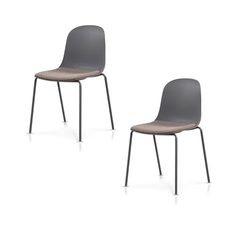KHG 2er Set Esszimmerstühle Küchenstuhl stapelbar - Kunststoff Sitzschale mit Polsterung & Flachgewebe, Metallgestell Ton in Ton, minimalistisches Design, bis 120 kg belastbar - Dunkelgrau von KHG