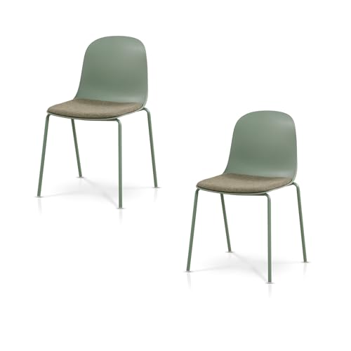 KHG 2er Set Esszimmerstühle Küchenstuhl stapelbar - Kunststoff Sitzschale mit Polsterung & Flachgewebe, Metallgestell Ton in Ton, minimalistisches Design, bis 120 kg belastbar - Grün von KHG
