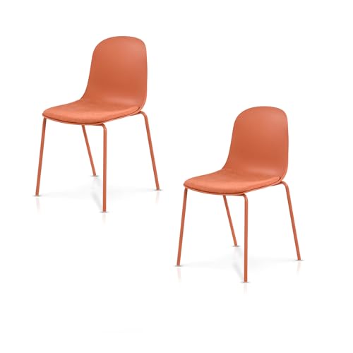 KHG 2er Set Esszimmerstühle Küchenstuhl stapelbar - Kunststoff Sitzschale mit Polsterung & Flachgewebe, Metallgestell Ton in Ton, minimalistisches Design, bis 120 kg belastbar - Orange von KHG