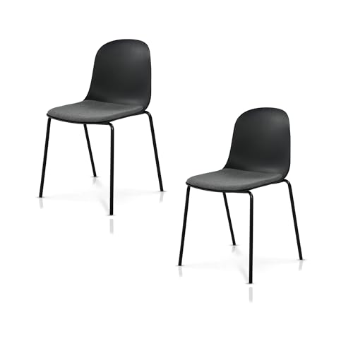 KHG 2er Set Esszimmerstühle Küchenstuhl stapelbar - Kunststoff Sitzschale mit Polsterung & Flachgewebe, Metallgestell Ton in Ton, minimalistisches Design, bis 120 kg belastbar - Schwarz von KHG