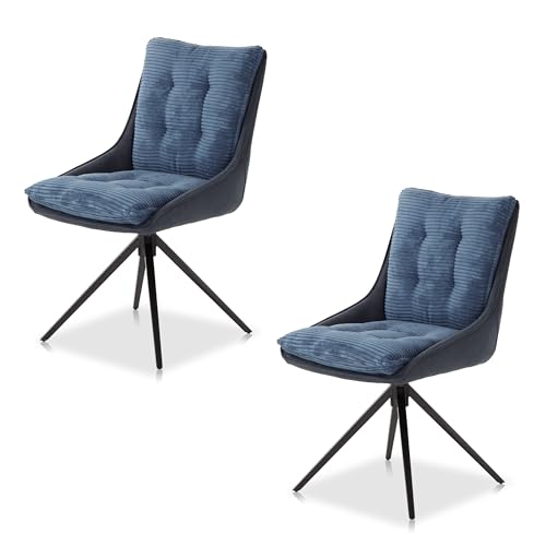 KHG 2er Set Esszimmerstühle Polsterstuhl Cordstoff Velours Blau, Küchenstuhl 360 Grad drehbar mit Rückstellfunktion, Drehstuhl bis 120 kg belastbar von KHG