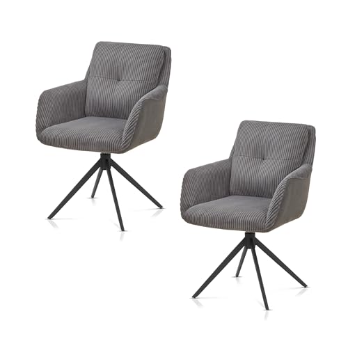 KHG 2er Set Esszimmerstühle Polsterstuhl drehbar 360° mit Rückstellfunktion - Cord Bezug, Metallgestell bis 120 kg belastbar, Industrial Design, bequemer Küchenstuhl mit Armlehnen - Grau KHG 2er Set Esszimmerstühle Polsterstuhl drehbar 360° mit Rückstellfunktion - Cord Bezug, Metallgestell bis 120 kg belastbar, Industrial Design, bequemer Küchenstuhl mit Armlehnen - Grau von KHG