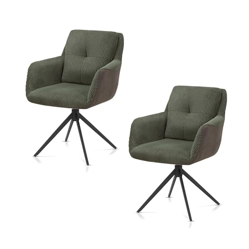 KHG 2er Set Esszimmerstühle Polsterstuhl drehbar 360° mit Rückstellfunktion - Cord Bezug, Metallgestell bis 120 kg belastbar, Industrial Design, bequemer Küchenstuhl mit Armlehnen - Grün von KHG