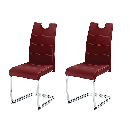 KHG 2er Set Esszimmerstühle Schwingstuhl Polsterstuhl Küchenstuhl Kunstleder Rot - Design Stuhl Sitzhöhe 48 cm - Freischwinger mit integriertem Griff, für Büro Küche Wohnzimmer von KHG