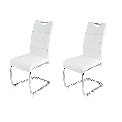 KHG 2er Set Esszimmerstühle Schwingstuhl Polsterstuhl Küchenstuhl Kunstleder Weiß - Design Stuhl Sitzhöhe 48 cm - Freischwinger mit integriertem Griff, für Büro Küche Wohnzimmer von KHG