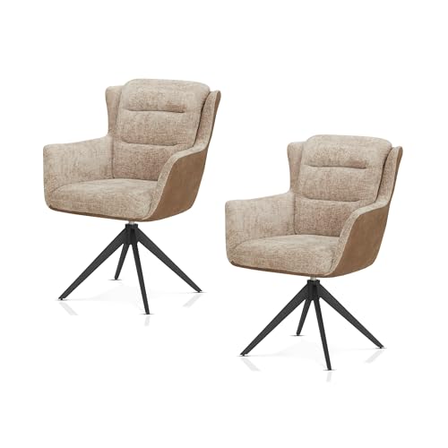 KHG 2er Set Esszimmerstühle mit Armlehnen - Polsterstuhl 360° drehbar mit Rückstellfunktion, Federkern-Polsterung, Webstoffbezug, stabiles Metallgestell bis 120 kg belastbar - Beige von KHG