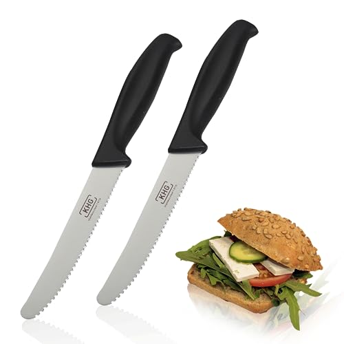 KHG 2er Set Frühstücksmesser Brötchenmesser Tomatenmesser Schwarz | 12 cm Klinge Edelstahl mit Wellenschliff | Tafelmesser Brotzeitmesser Vespermesser mit Fingerschutz von KHG