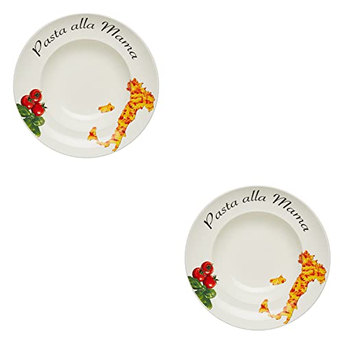 KHG 2er Set Pastateller, extra groß mit 30cm Durchmesser in Pasta alla Mama Print, perfekt für Gastro und Zuhause, hochwertiges Porzellan, Suppenteller, Salatteller, Spühlmaschinengeeignet von KHG