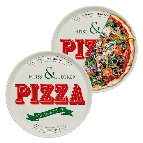 KHG 2er Set Pizzateller, extra groß mit 30cm Durchmesser in Heiss & Lecker Print, perfekt für Gastro und Zuhause, hochwertiges Porzellan, Spühlmaschinengeeignet & perfekt Stapelbar KHG 2er Set Pizzateller, extra groß mit 30cm Durchmesser in Heiss & Lecker Print, perfekt für Gastro und Zuhause, hochwertiges Porzellan, Spühlmaschinengeeignet & perfekt Stapelbar von KHG