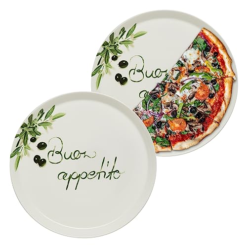 KHG 2er set Pizzateller, extra groß mit 30cm Durchmesser in Buono appetito Print, perfekt für Gastro und Zuhause, hochwertiges Porzellan, Spühlmaschinengeeignet & perfekt Stapelbar von KHG