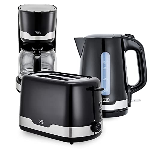 KHG 3-teiliges Set | Toaster 2 Scheiben, 7 Bräunungsstufen 850W | Wasserkocher 1,7 Liter mit Abschaltautomatik 2200W | Kaffeemaschine 1,5 Liter Glaskanne mit Tropfstopp 1000W | Frühstücksset Schwarz von KHG