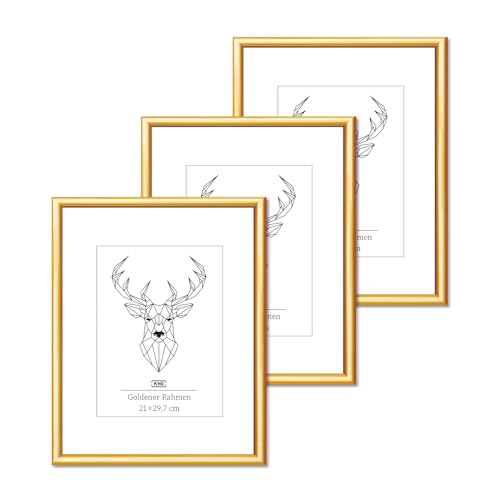 KHG 3er Set Bilderrahmen aus Kunststoff DIN A4 mit stabilem Glas und Passepartout, zum Aufhängen oder Hinstellen, Ideal für Portraits, Urkunden, Poster - Gold, 21x29,7 cm von KHG