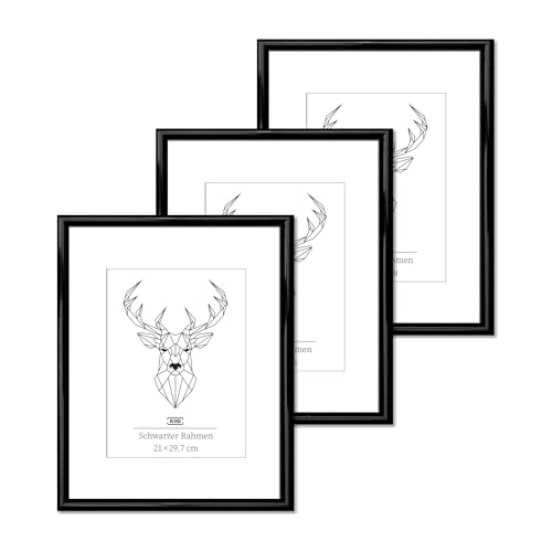 KHG 3er Set Bilderrahmen aus Kunststoff DIN A4 mit stabilem Glas und Passepartout, zum Aufhängen oder Hinstellen, Ideal für Portraits, Urkunden, Poster - schwarz, 21x29,7 cm KHG 3er Set Bilderrahmen aus Kunststoff DIN A4 mit stabilem Glas und Passepartout, zum Aufhängen oder Hinstellen, Ideal für Portraits, Urkunden, Poster - schwarz, 21x29,7 cm von KHG