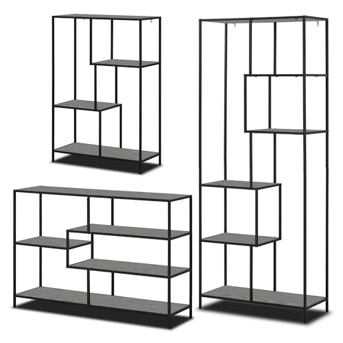 KHG 3er Set asymmetrische Regale, Moderne Wandregale im Industrial Style, Standregale mit Metallgestell, in 3 Größen, Holzwerkstoff foliert in Esche in schwarz,Korpus Metall pulverbeschichtet von KHG