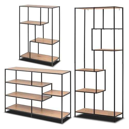 KHG 3er Set asymmetrische Regale, Moderne Wandregale im Industrial Style, Standregale mit Metallgestell, in 3 Größen, Holzwerkstoff foliert in Wildeiche, Korpus aus Metall pulverbeschichtet … von KHG