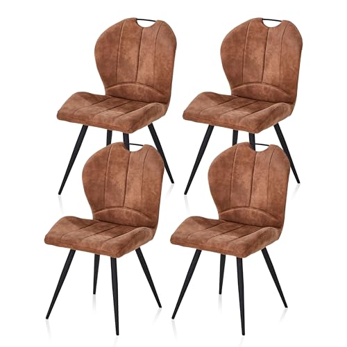 KHG 4er Set Esszimmerstühle Küchenstuhl Braun, Mikrofaser in Wildlederoptik, Polsterstuhl mit Griff, Wohnzimmerstuhl, Design Stuhl Gestell aus Metall von KHG