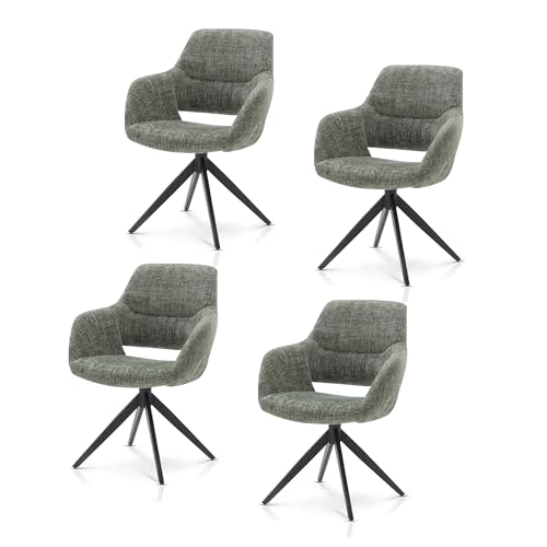 KHG 4er Set Esszimmerstühle Küchenstuhl mit Armlehnen - drehbar 360° mit Rückstellfunktion, Chenille Stoff, bequem gepolstert, modern, stabiles Metallgestell bis 120 kg belastbar - Grün von KHG