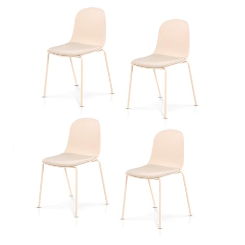 KHG 4er Set Esszimmerstühle Küchenstuhl stapelbar - Kunststoff Sitzschale mit Polsterung & Flachgewebe, Metallgestell Ton in Ton, minimalistisches Design, bis 120 kg belastbar - Creme von KHG