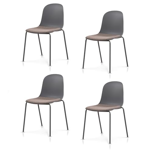 KHG 4er Set Esszimmerstühle Küchenstuhl stapelbar - Kunststoff Sitzschale mit Polsterung & Flachgewebe, Metallgestell Ton in Ton, minimalistisches Design, bis 120 kg belastbar - Dunkelgrau von KHG