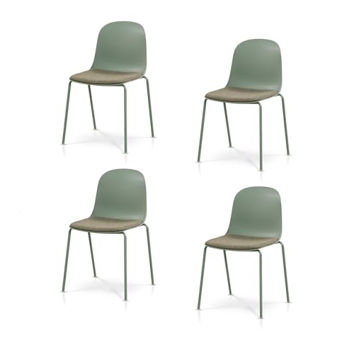 KHG 4er Set Esszimmerstühle Küchenstuhl stapelbar - Kunststoff Sitzschale mit Polsterung & Flachgewebe, Metallgestell Ton in Ton, minimalistisches Design, bis 120 kg belastbar - Grün von KHG