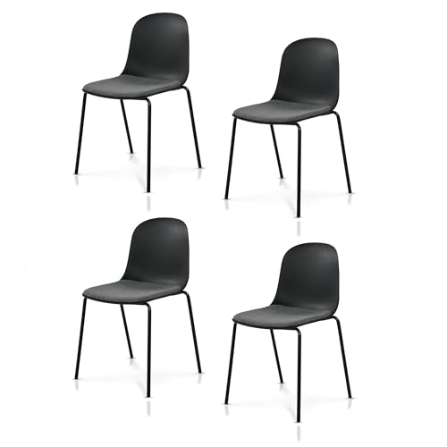 KHG 4er Set Esszimmerstühle Küchenstuhl stapelbar - Kunststoff Sitzschale mit Polsterung & Flachgewebe, Metallgestell Ton in Ton, minimalistisches Design, bis 120 kg belastbar - Schwarz von KHG