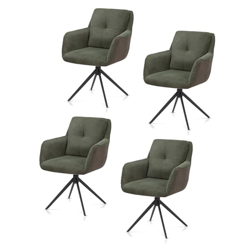 KHG 4er Set Esszimmerstühle Polsterstuhl drehbar 360° mit Rückstellfunktion - Cord Bezug, Metallgestell bis 120 kg belastbar, Industrial Design, bequemer Küchenstuhl mit Armlehnen - Grün von KHG