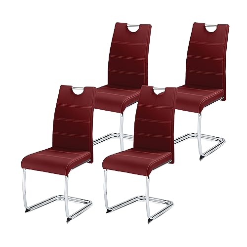 KHG 4er Set Esszimmerstühle Schwingstuhl Polsterstuhl Küchenstuhl Kunstleder Rot - Design Stuhl Sitzhöhe 48 cm - Freischwinger mit integriertem Griff, für Büro Küche Wohnzimmer von KHG